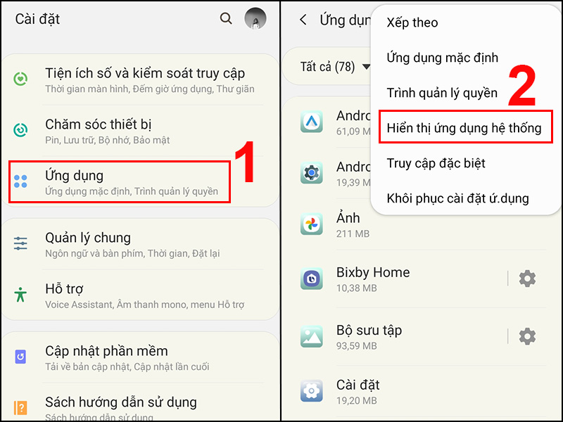Chọn Hiển thị ứng dụng hệ thống